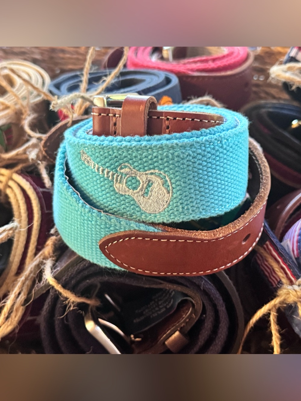 Vineyard Vines Guitar Embroidered Canvas Belt with Brown Leather Trim